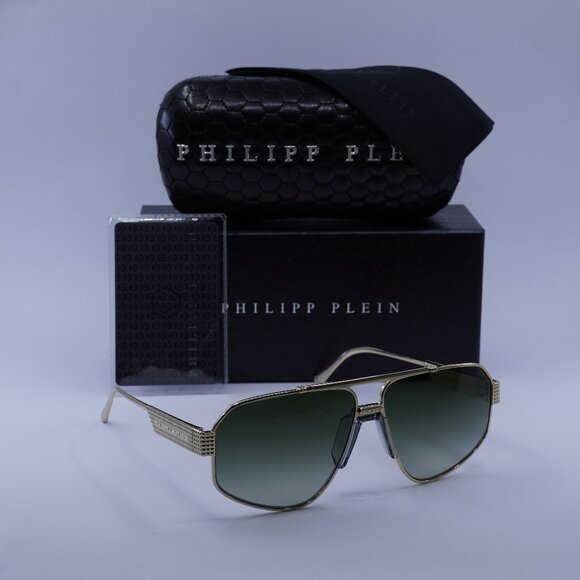 Philipp Plein SPP106M 08FF Aviator Sunglasses – Gold/Green Gradient - Picture 1 of 10